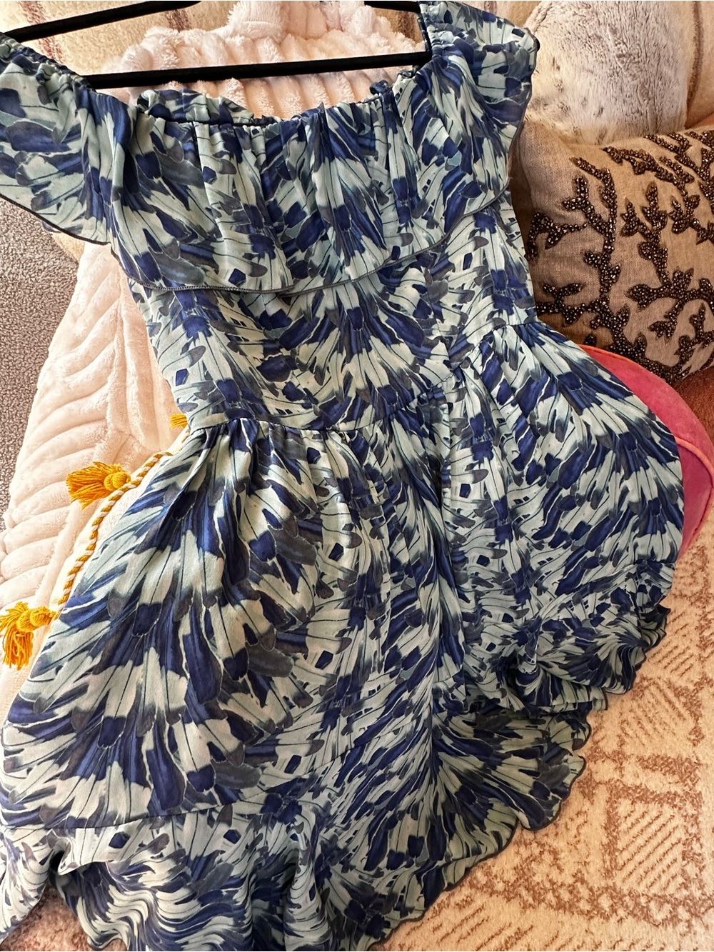 LoveShackFancy 100% Silk Blue Floral Off Shoulder Ruffle Dress Size 1 - Picture 11 of 17